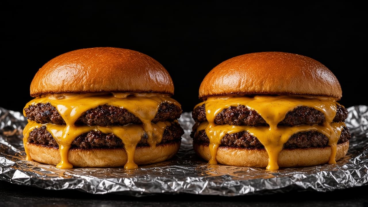 Dos smash burgers artesanales sobre papel aluminio